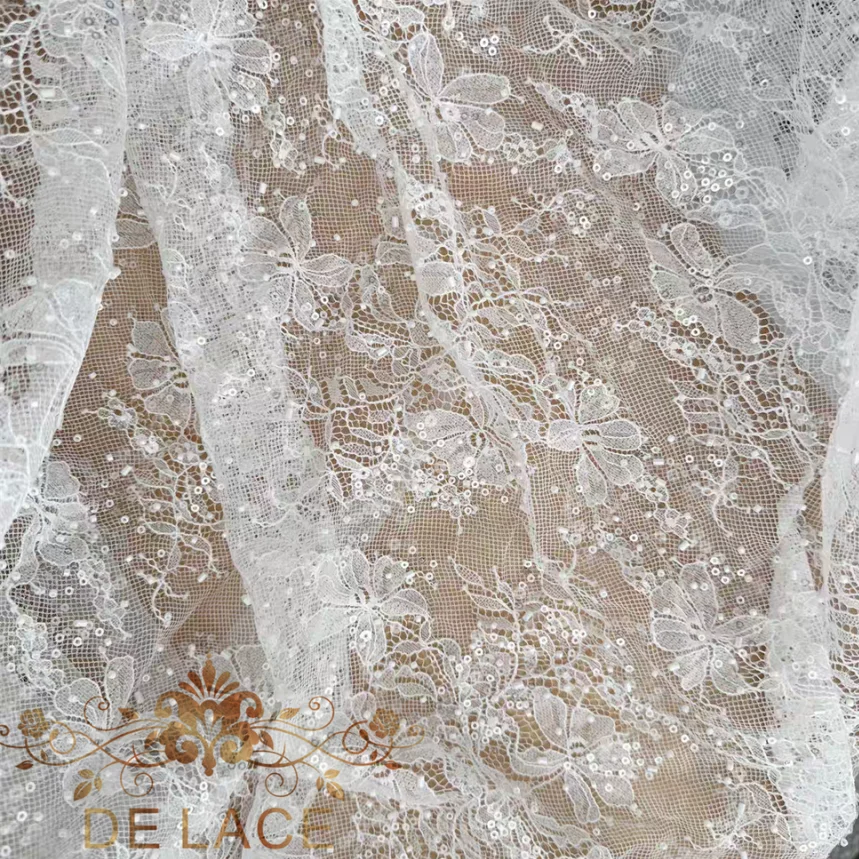 

SXGN Ivory French Chantilly Lace Floral Embroidered Fabric Wedding Dress Lace Fabric with Shining Sequins