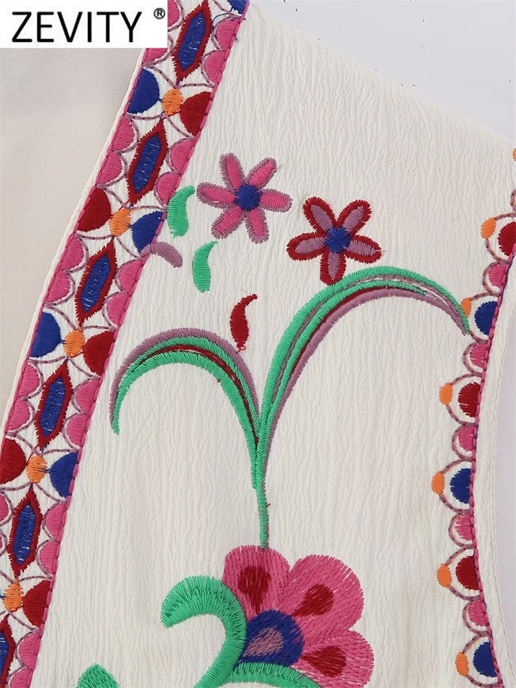 Zevity Vrouwen Nationale Mouwloze Positie Bloemenborduurwerk Kort Vest Jack Dames Nationale Stijl Casual Vest Tops Ct4110