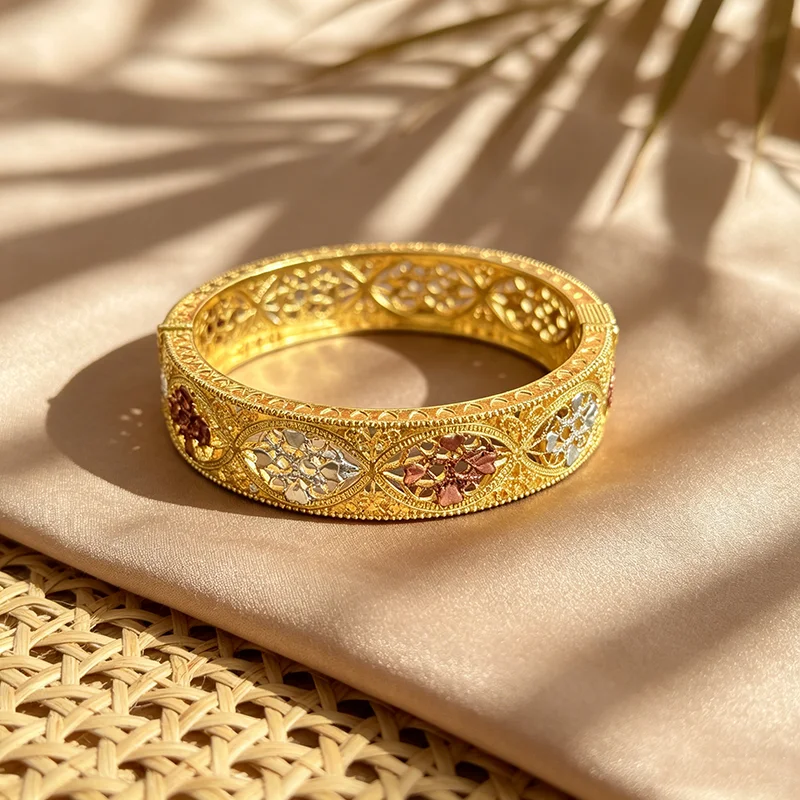 1/4Pcs Golden Filigree Bangle Set Three Tone Inlaid Bracelets Dubai Arab Indian Bridal Wedding Jewelry For Women
