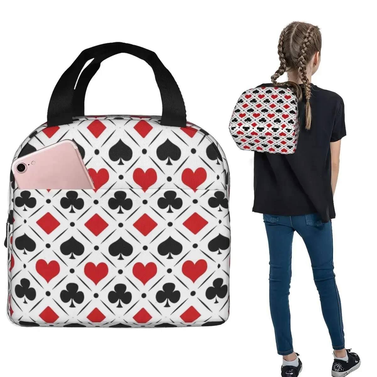 Playing Card Suits Symbols Insulated Lunch Bag for Women Kids Portable Food Boxes Thermal Lunch Box Tote