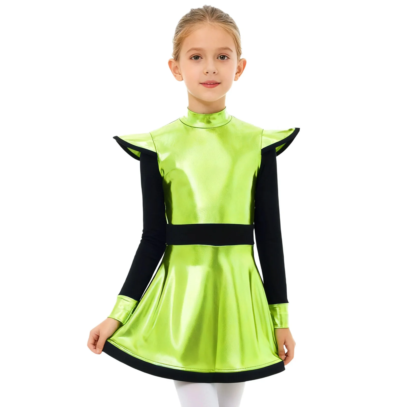 

Kids Girls Astronaut Alien Outer Space Cadet Cosplay Costume Metallic Glossy Back Invisible Zipper Built-In Shorts Robot Dress