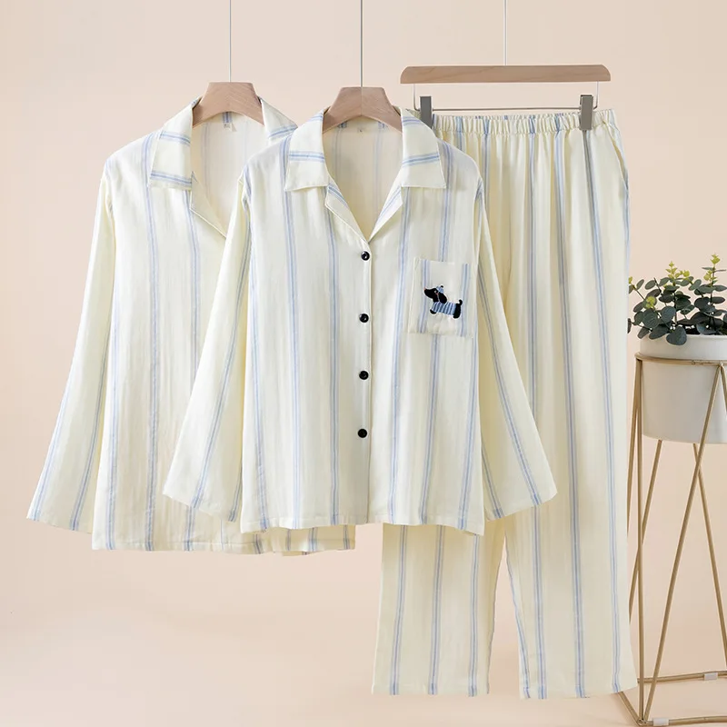 

2026 Spring and Autumn New Couple Pajama Set 100% Cotton Couple Stripe Minimally Embroidered Cardigan Home Clothes Two Piece Set