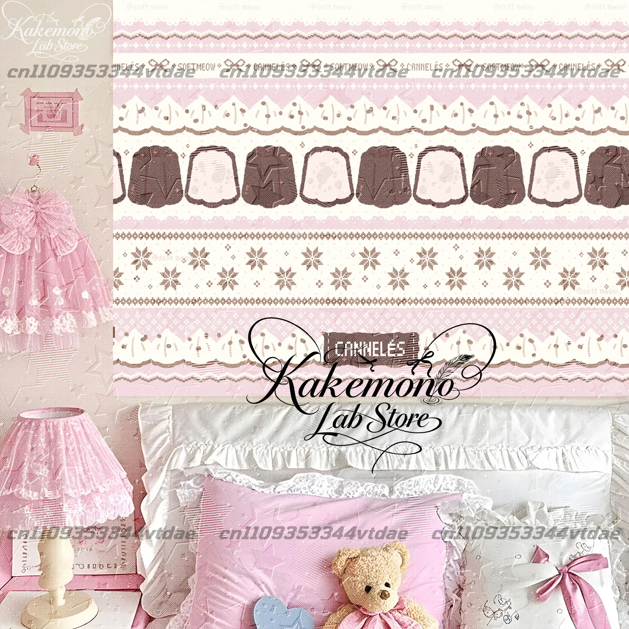 Pink Pastry Pattern Tapestry Sweet Caneles Dessert Striped Wall Hanging Kawaii Aesthetic Bedroom Backdrop Cloth