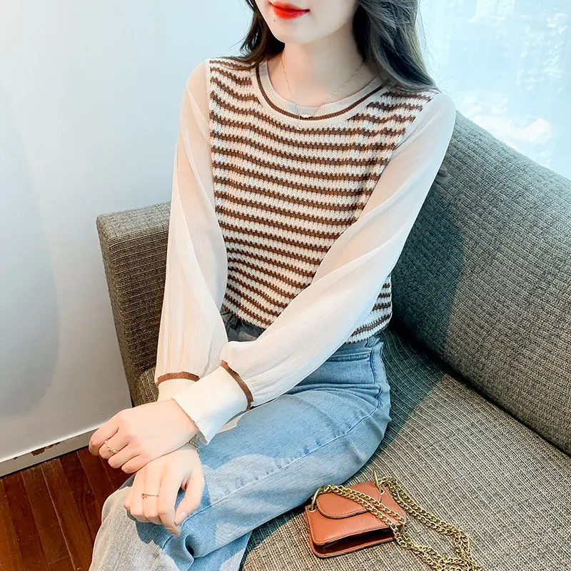 Patchwork Striped Fake Two Pieces Blouse Spring Autumn Long Sleeve O-neck Korean Shirt Tops Fashion Temperament Women Clothing