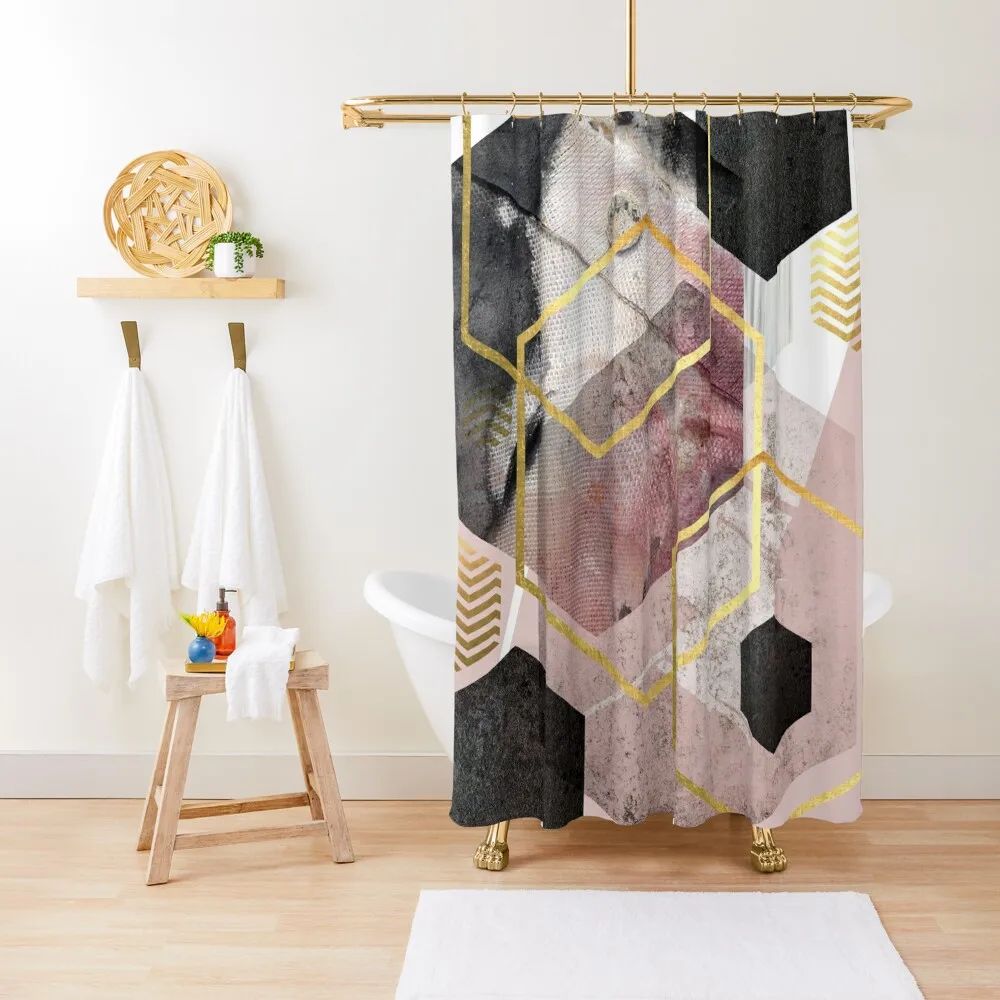 

Abstract Geo in Blush Pink and Gold Shower Curtain Washable Waterproof Fabric Shower In The Bathroom Waterproof Shower Curtain