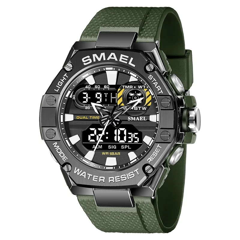 SMAEL Dual Time Red Digital Watch Men Military Sport Chronograph Quartz Electronic Digital Wristwatch with Date Week Waterproof