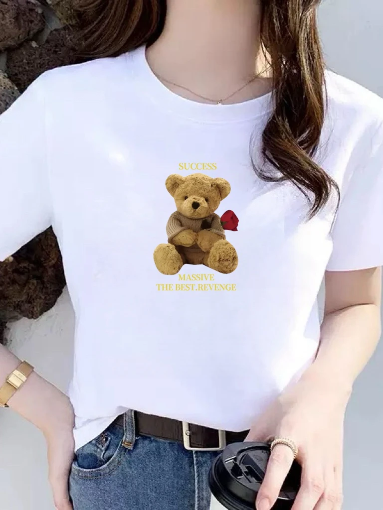 

Retro Korean Style Bear Print Short Sleeve T-Shirt Women's Loose Fit round Neck Top for Middle-Aged Ladies Summer Casual Wear