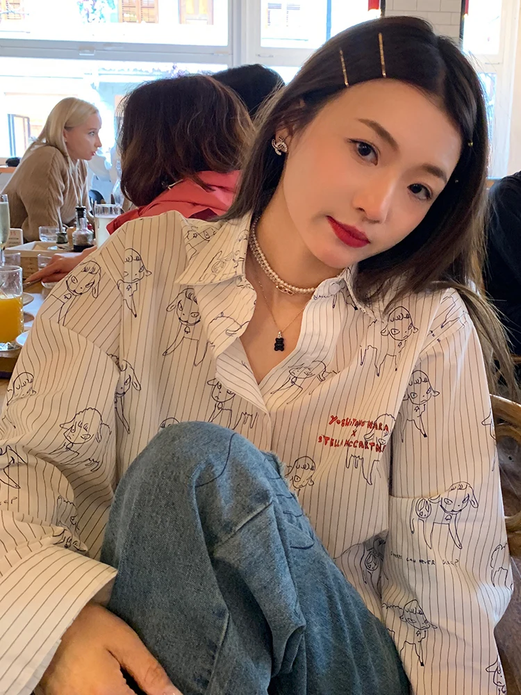 

Women's Loose Fit Striped Shirt Spring Summer New Design White Top Korean Style Commute Fashion Breathable Cotton Long Sleeve