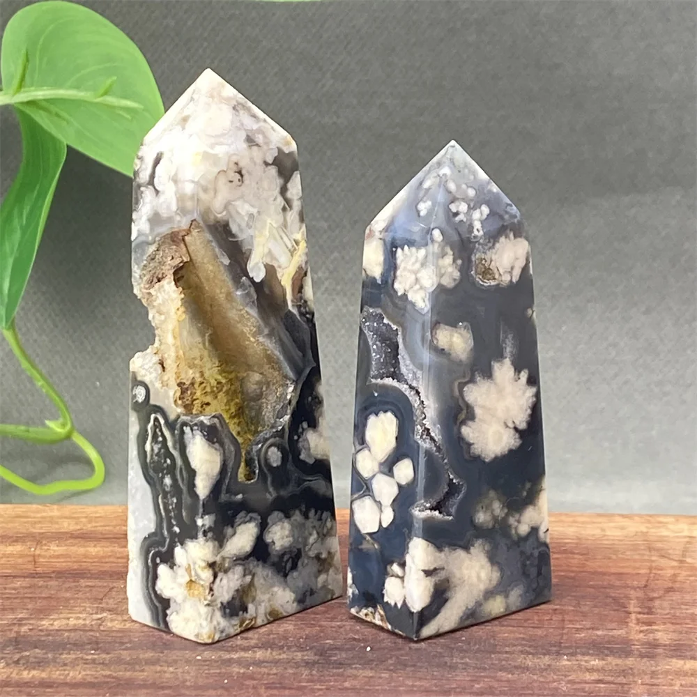 Natural Black Cherry Blossom Agate Four-corner Crystal Tower Feng Shui Wealth Ornaments Meditation Chakra Home Decoration