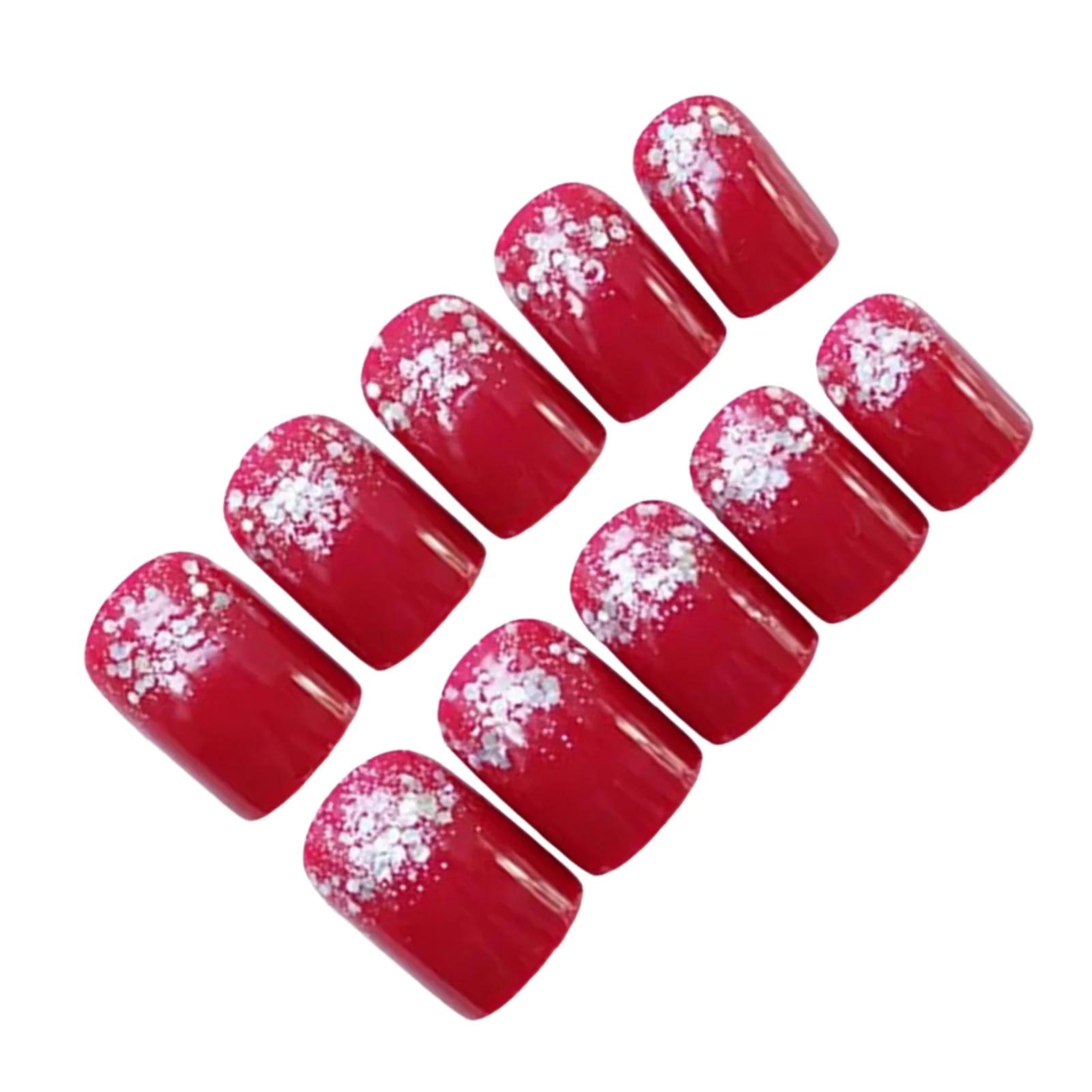 Glossy Red Fake Nails with Glitter Printed Sweet & Charming Reusable False Nails for Shopping Traveling Dating