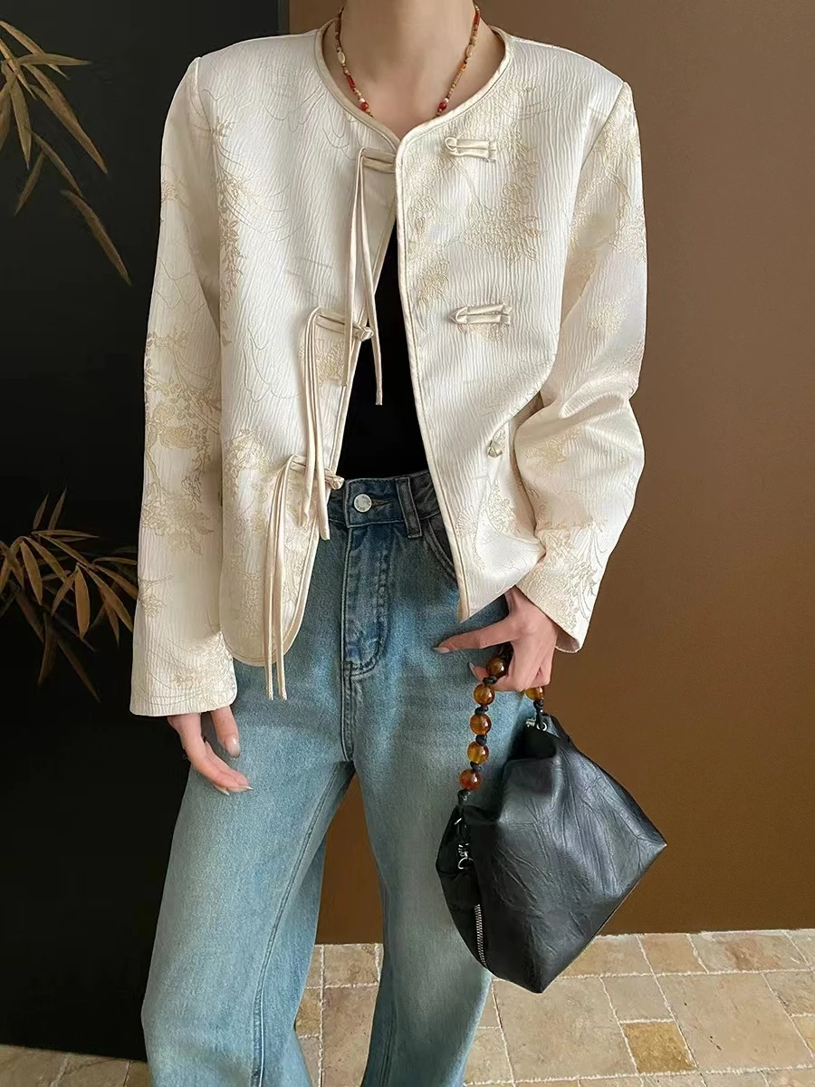 New Chinese Style Flower And Bird Jacquard National Style Tassel Buckle Design Temperament Shoulder Round Neck Jacket Women