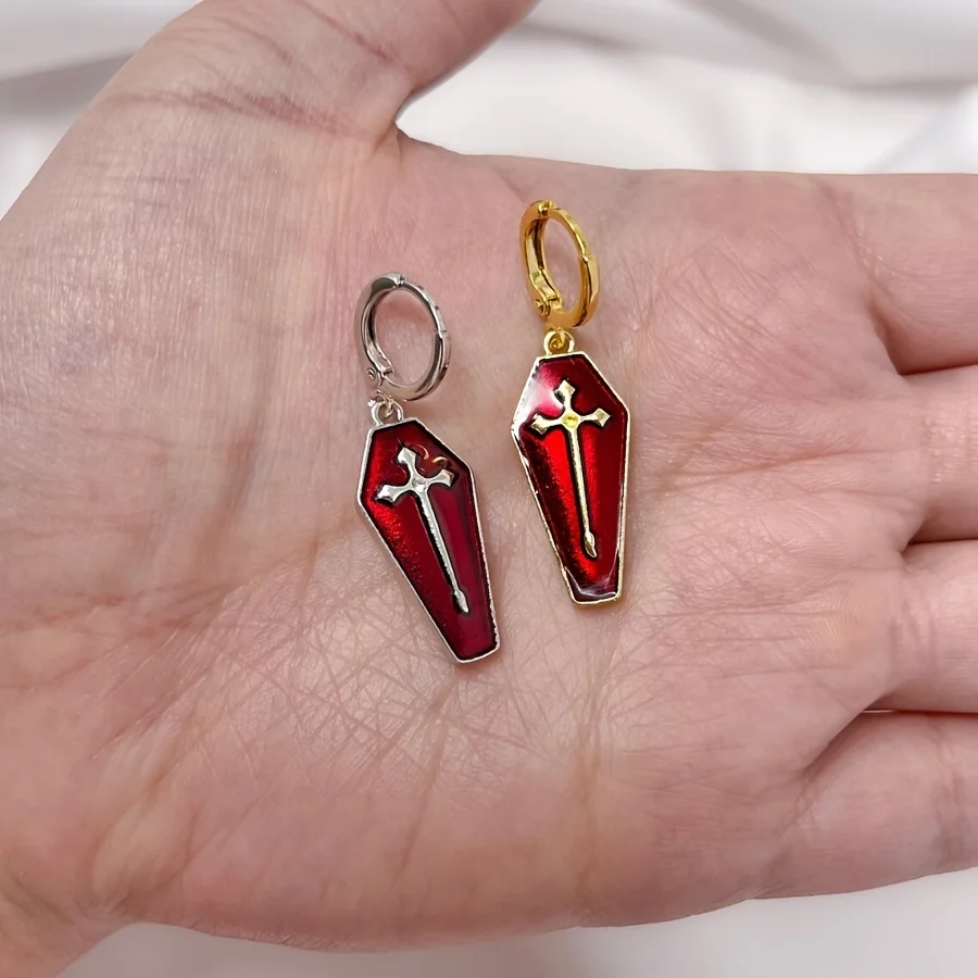 Gothic Enamel Cross Coffin Golden Ear Loops Jesus Jewelry Hip Hop Punk Tombstone Earrings  Funeral Jewelry Gifts