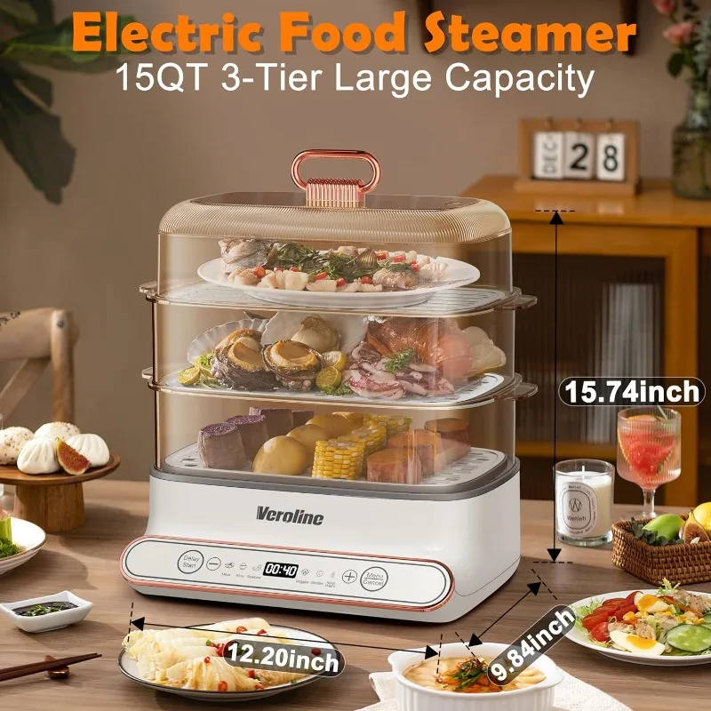 Electric Food Steamer for Cooking, 15QT Vegetable Steamer with 3-Tier Stainless Steel Trays