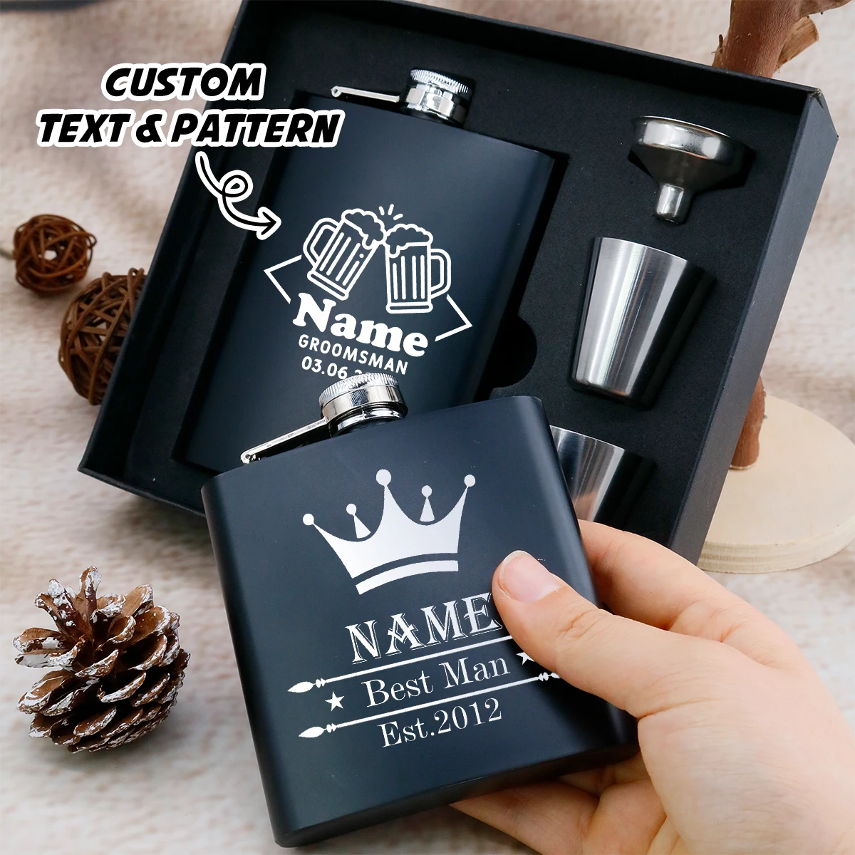 Portable flask set with customizable names, personalized flask for men, customizable stainless steel flask.
