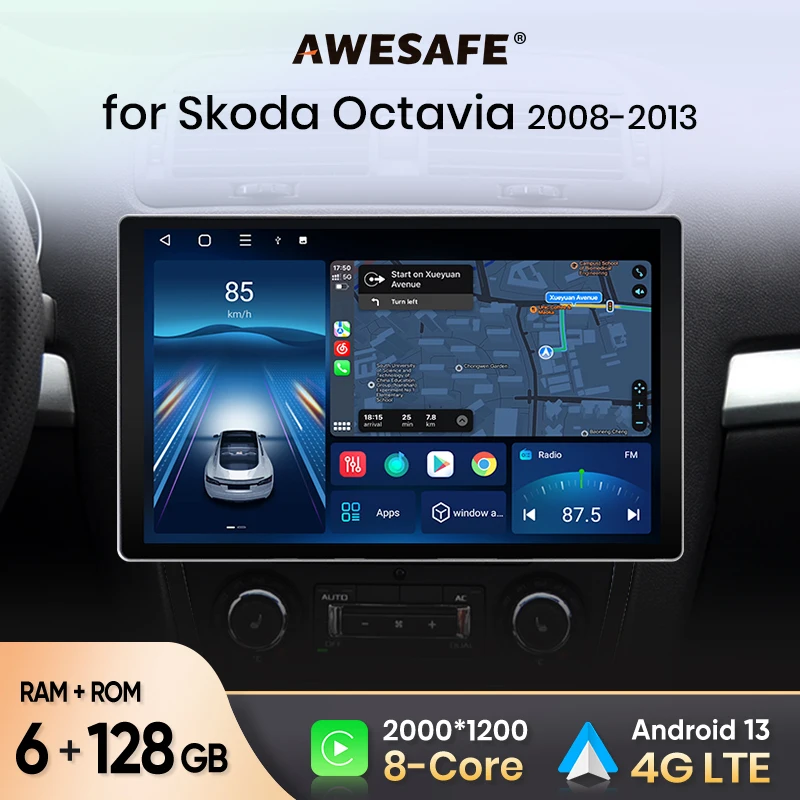 AWESAFE V3 Plus 2K Android 13 Wireless CarPlay Android Auto for Skoda Octavia 2A5 2008 2009 2010 2012 2013 7870 Car Radio