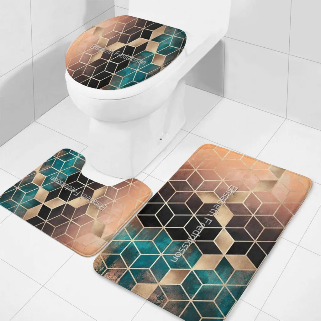 3 Pieces Bathroom Rug Set (Toilet Mat,Carpet) Ombre Dream Cubes Durable Ultra Soft Non-Slip Washable Absorbent