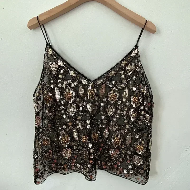 2025 Women's Summer High Quality Sequin Bead Sexy Sling Slim Fit Short V-neck Straight Tank Top Korean Fashion Clothing image 6