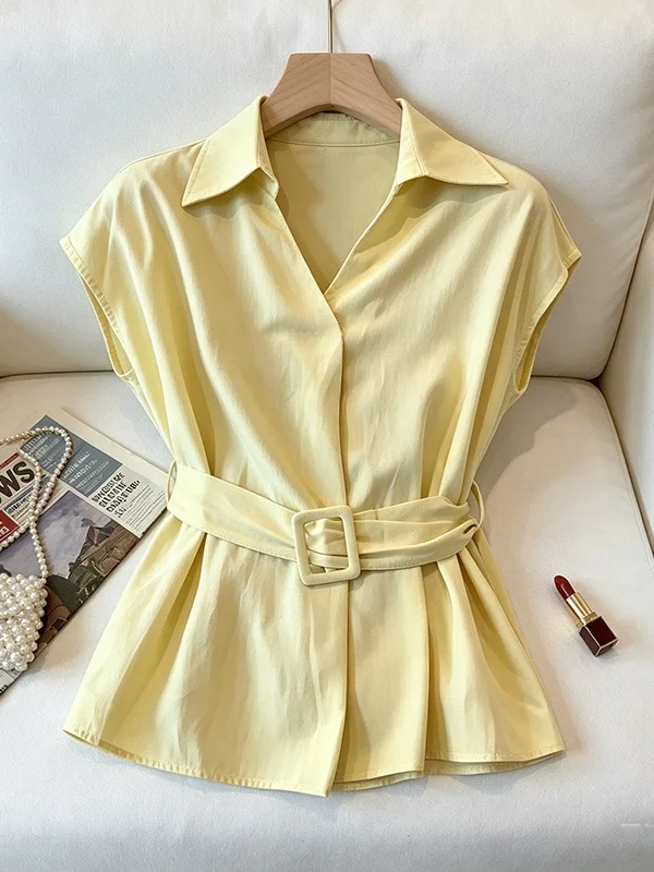 

plus Size Women's Shirt Korean Design V-Neck Waist-Cinching Versatile Stylish Top for Summer 2026 Commute Fashion