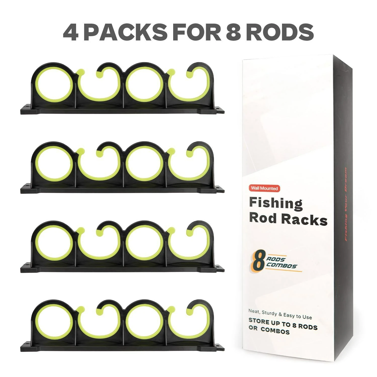 حامل قضيب الصيد المطلي بالمطاط ذو 8 فتحات ​   - رف عرض مثبت على الحائط/السقف للمرآب أو التخزين الأفقي أو العلوي