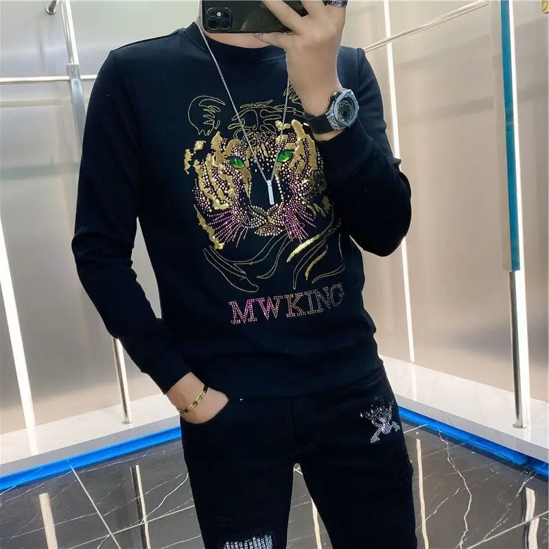 Men's Clothing Spring and Autumn high quality Slim-fit Sports Sweater Hot Drilling Pullover Long-sleeved Breathable T-shirt Top