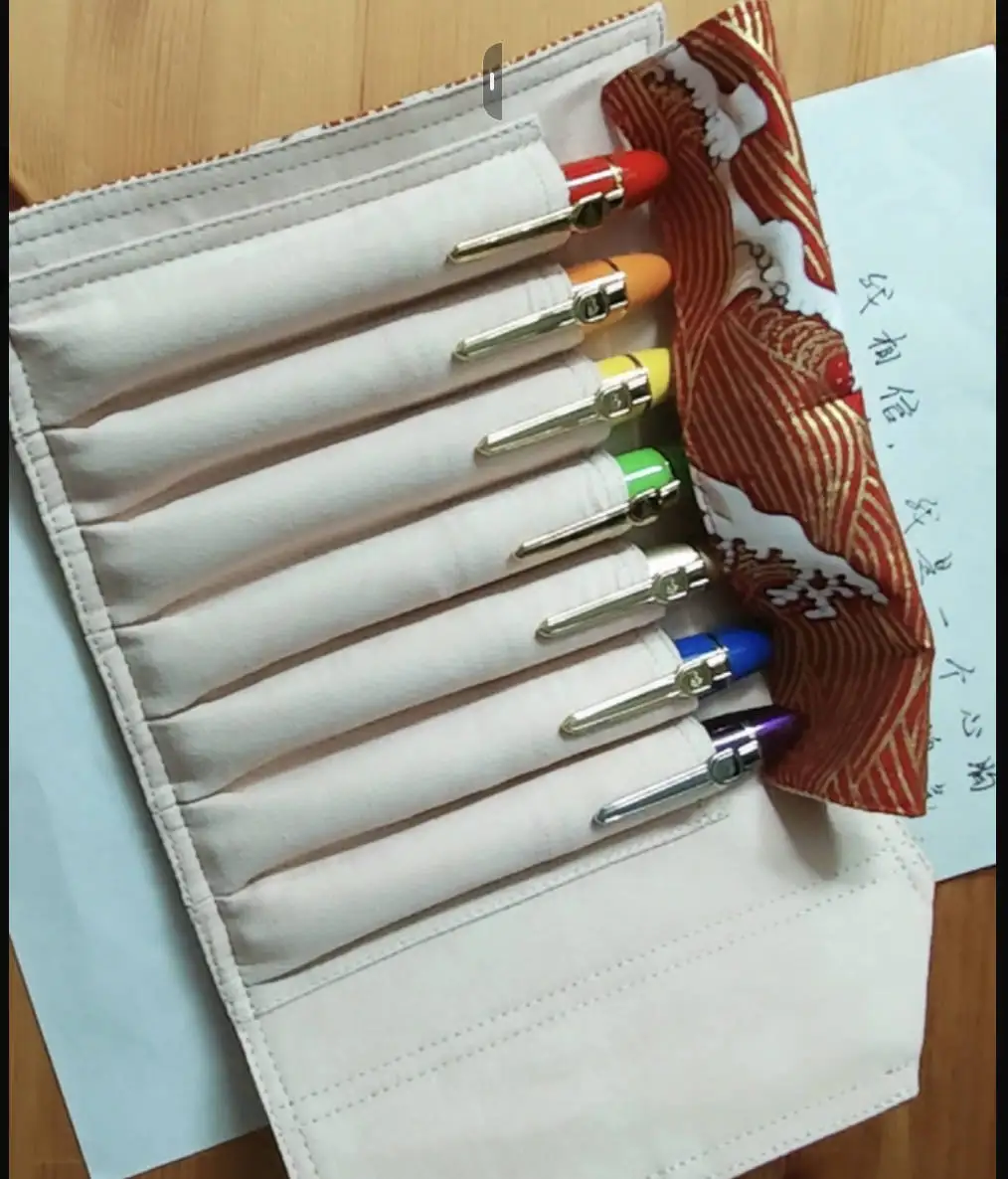 7-hole Pen Curtain Red Wave Handmade Fabric Portable Pen Storage Pen Bag Pen Bag Roll Pen Curtain