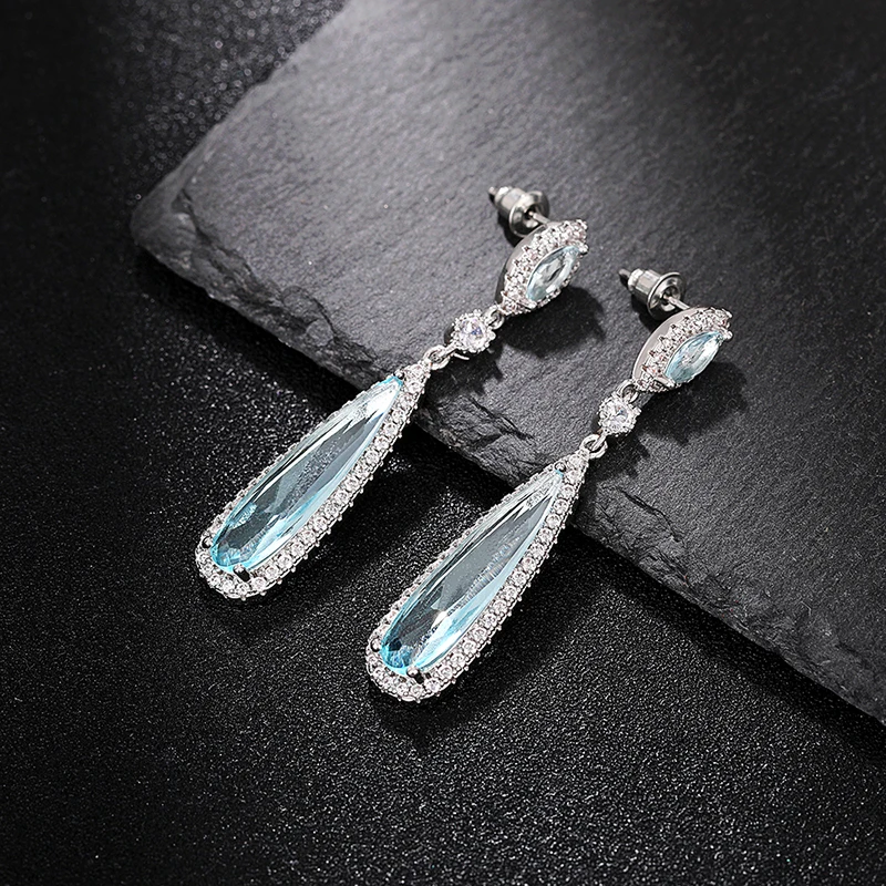Huitan Pear Light Blue CZ Long Dangle Earrings for Women Temperament Elegant Bridal Wedding Earrings Fancy Gift Fashion Jewelry