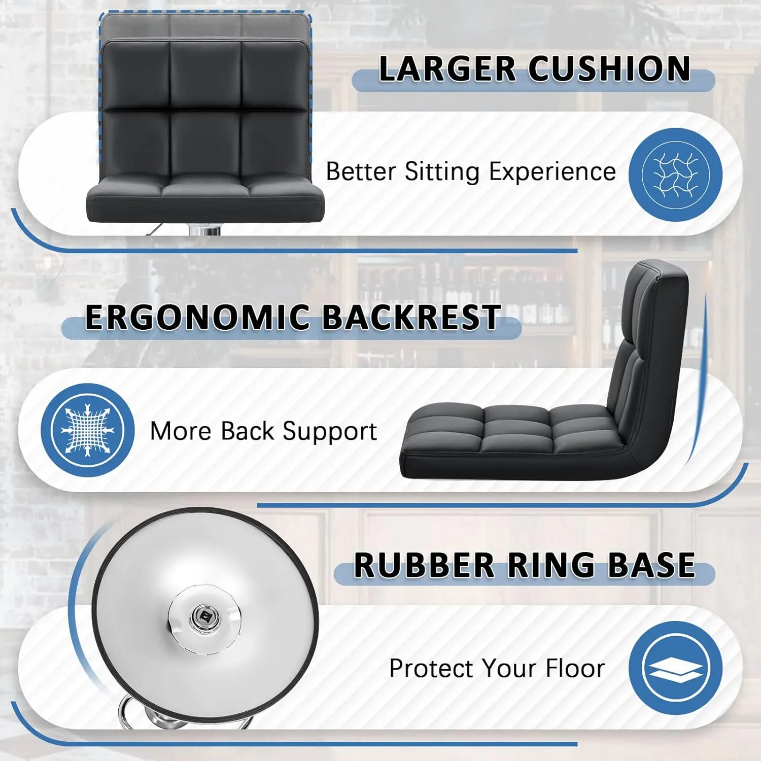 Modern Adjustable Swivel Bar Stools, PU Leather Armless Hydraulic Kitchen Counter Stool with Back Support, Set of 2 in Black