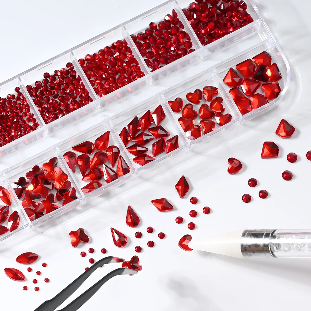 12 그리드 3D 빨간색 유리 네일 아트 라인 석 플랫 백 라운드/하트/나비/드롭 다이아몬드 손톱 용품 DIY 전화 케이스 매니큐어 보석