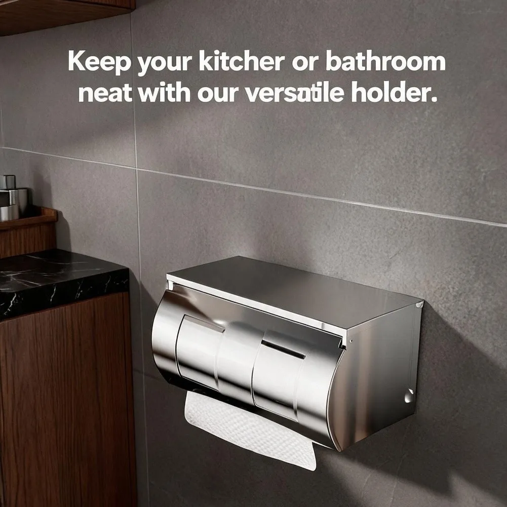 SUS304 Stainless Steel Toilet Paper Box with Top Shelf for Smartphones Keys Waterproof Enclosed Design 7.87x3.94x5.12 inches