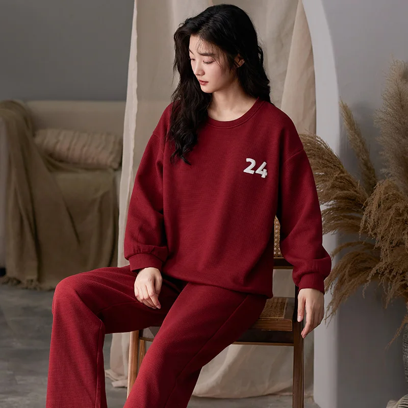 Simple Solid Color Pajamas Sets Women Long Sleeves Long Pants Autumn Winter Casual Sleepwear Soft Pyjamas Cozy Pijamas Girls Pjs