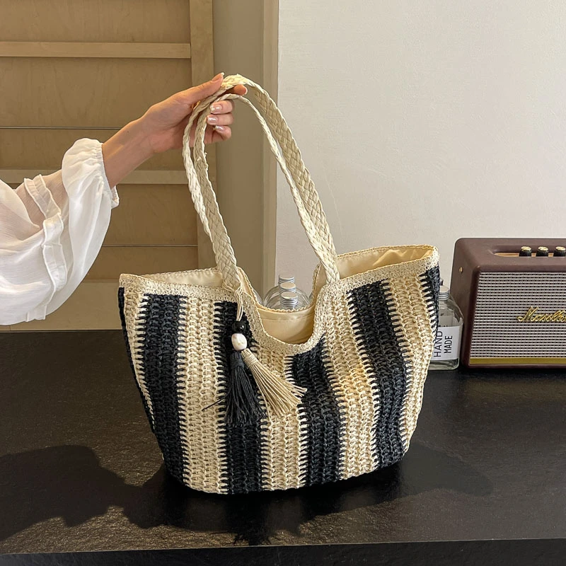 Casual Stripes Straw Braid Shoulder Bags Tassel Zipper Large Capacity Grace Summer Tote Bags for Women 2024 Fashion Versatile