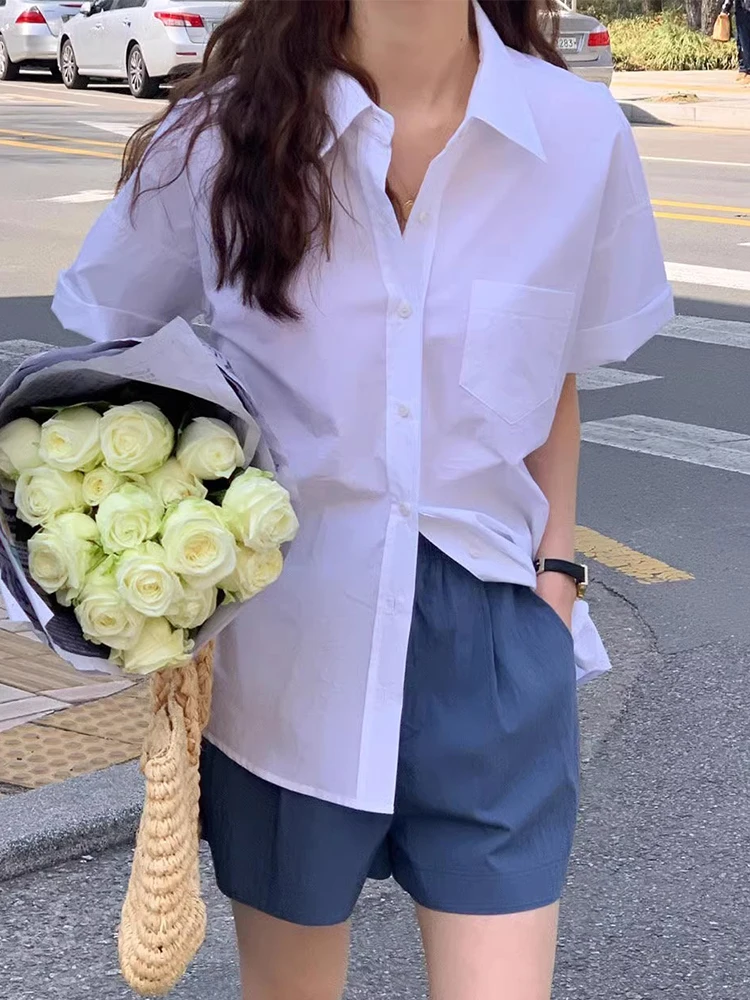 

Casual Chic Summer Candy Colored Single Button Loose Fit ort Sve irt Women's Basic Sle Turn-down Collar Versatile Top