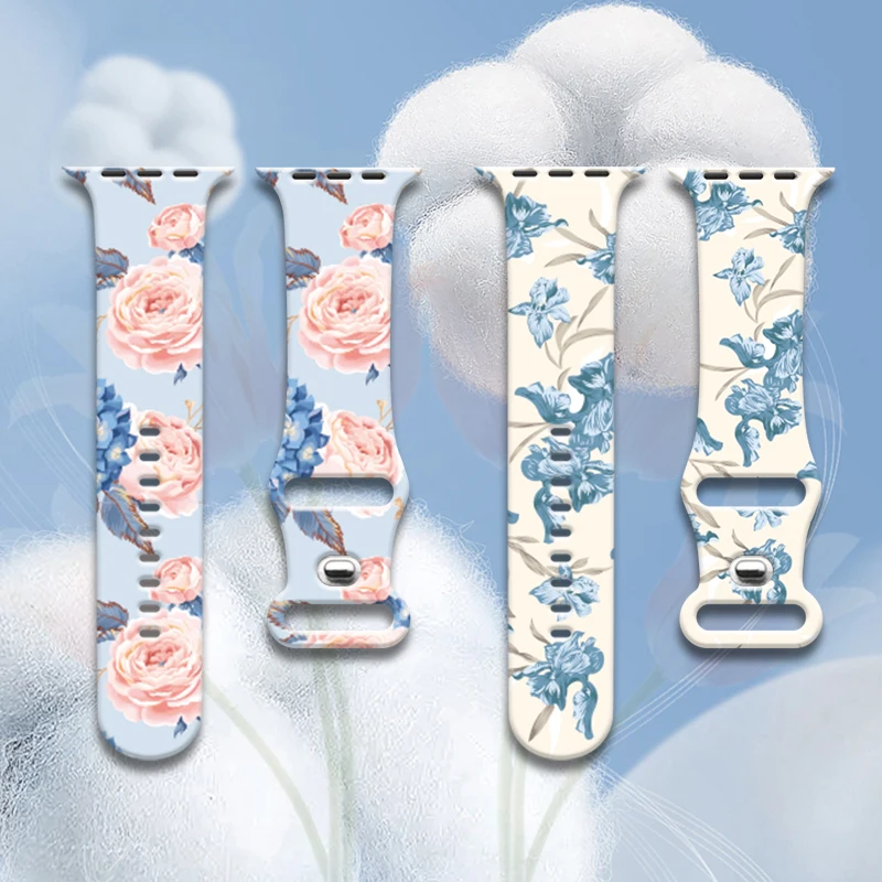 Silicone Loop Band for Apple Watch Serie 9 8 7 6 5 4 SE Ultra Floral Printed Strap Bracelet IWatch 49mm 45mm 44mm 42mm 41mm 40mm