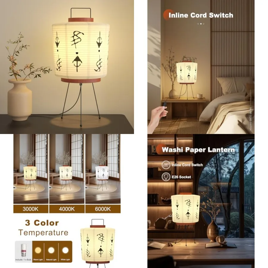 

Handmade Akari Table Lamp - Japanese Washi Paper Lantern - E26 Socket with Inline Cord Switch - 3 Color Temperature Bulb Includ