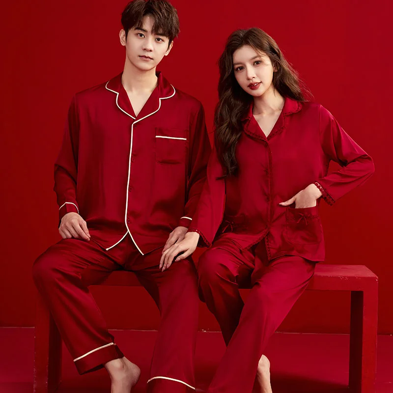 

Summer Loose Silk Couples Sleepwear Long Sleeve Shirt Pants Home Clothes Set Men Women Comfortable Silk Pajamas