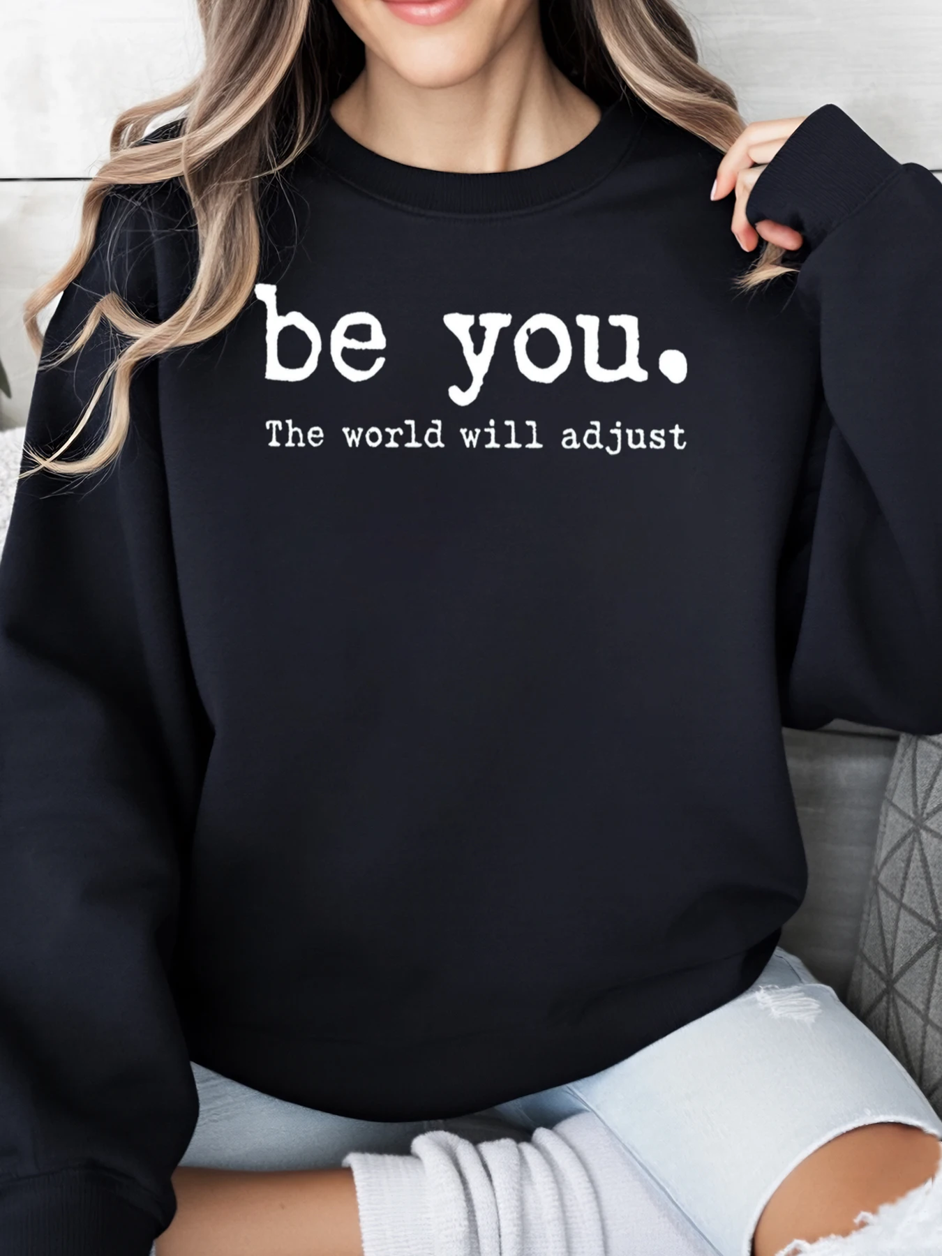 

Be You the World Will Adjust Толстовка с принтом Рождественская женская повседневная одежда черного цвета больших размеров