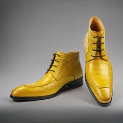 Genuine cow leather with crocodile skin printing lace up shoes Style Solid Boots Sneakers Men's Black yellow oversize Big Size48
