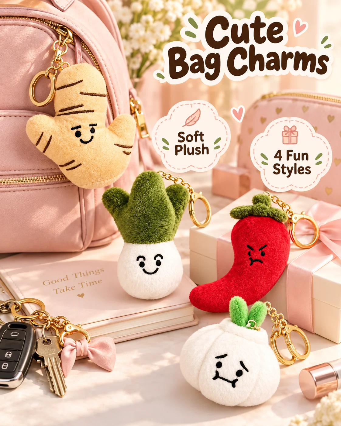 Cute Plush Vegettable Keychains Kawaii Design Hot Pepper Garlic Green Onion Shape Keychain Charm Backpack Accessories Toy Gifts