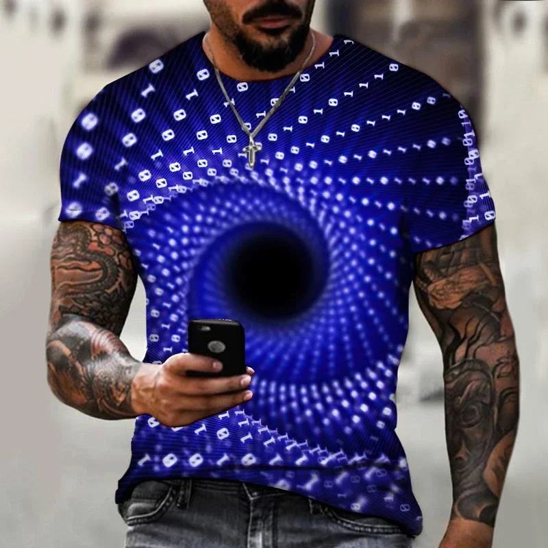 Trendy Men Black White Vortex Optical Illusion 3D Print T-Shirt Visual Deception Swirl Striped Short Sleeve Street Casual Tops