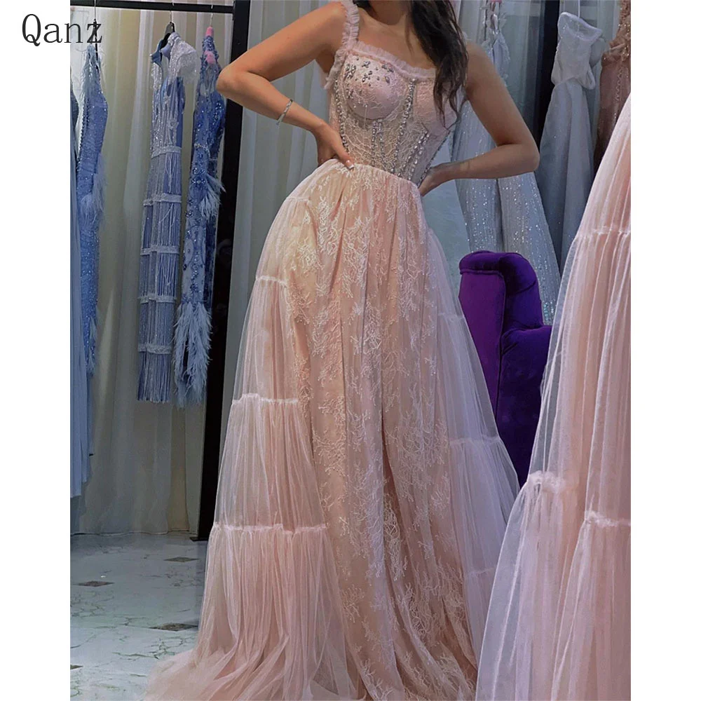 

Qanz Elegant Pink Evening Dresses Tulle Long A Line Lace Vestidos De Ocasião Formal Spaghetti Straps Crystal Prom Dress Women