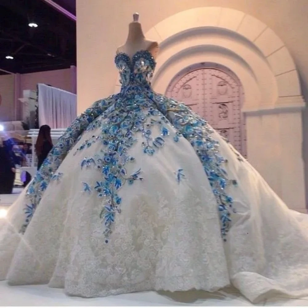 Incredibile abito da ballo arabo abiti da sposa blu floreale bianco Appliques perline di cristallo con enorme abito da sposa sottoveste personalizza