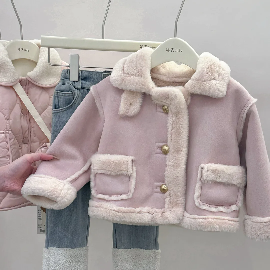 2024 Autumn Winter Kids Girls Jacket Plus Velvet Thickened Suede Solid Toddler Girls Coat Hairy Soft Children Girl Outerwears