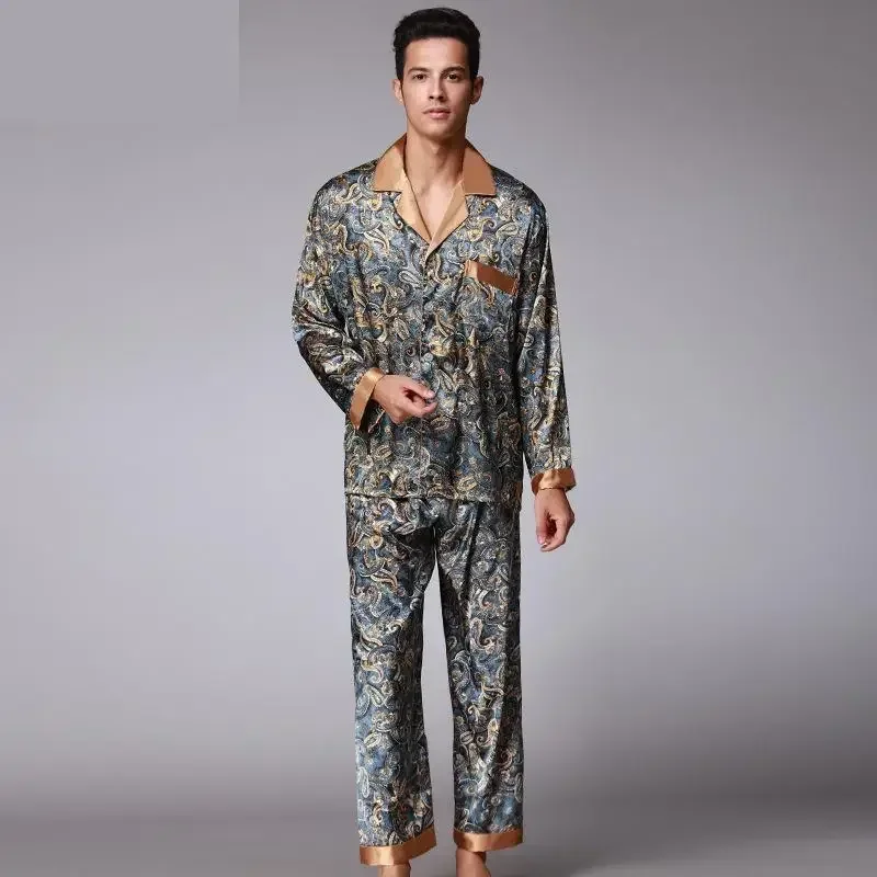 New Luxury Pajamas Men Paisley Pattern Sleepwear Silk Long-sleeved Satin Mens Pyjamas Men\'s Lounge Pajamas Set Plus Size 4XL