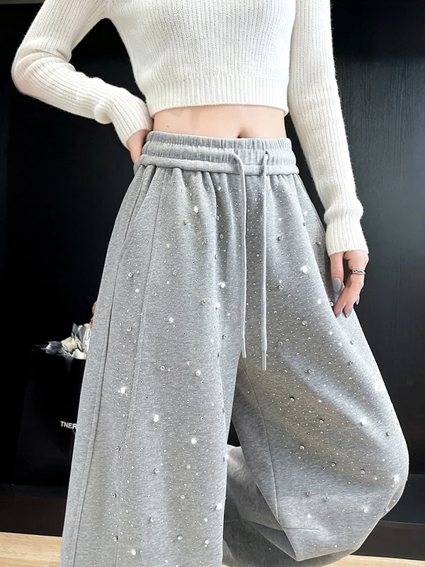 Autumn 2026 High Waist Wide Leg Two-Way Casual Pants Women's Straight Cut Loose Fit Versatile Diamond Stamped Casual Trousers