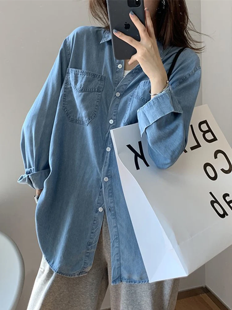

Women's Denim irt Loose Inner Wear Staed Wear Spring Autumn Casual Sle Long Sve Collar Resin Color Fixing