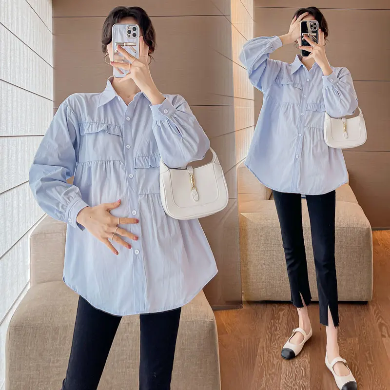 

Blue White Pregnant Woman Cotton Shirts Long Sleeve Turn-down Collar Ruffles Patchwork Fashion Maternity Blouses Sweet Clothes