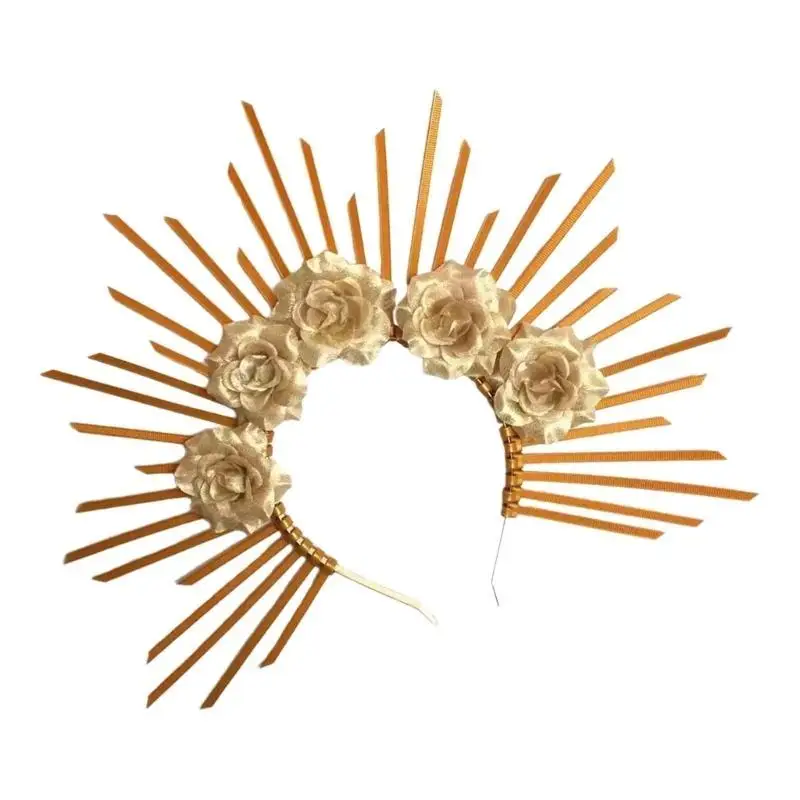 652F Punk Rock Kwiatowe nakrycia głowy Złota rozeta Opaska na głowę Opaska do włosów z kolcami Dekoracje na festiwale muzyczne i