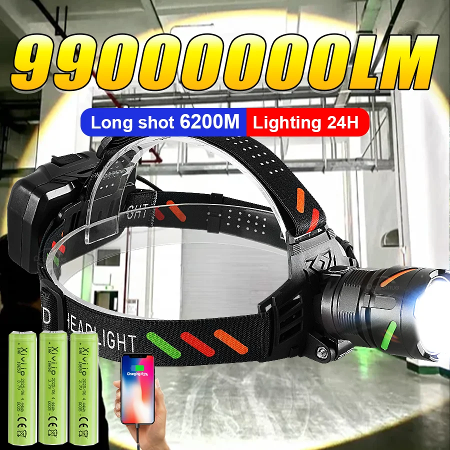 

Сверхъяркие светодиодные налобные фонари 99000000 лм, перезаряжаемые через USB, мощные налобные фонари для рыбалки, охоты, кемпинга и активного отдыха