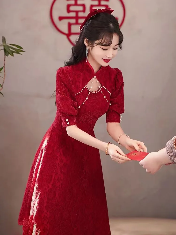 

Middle Sleeve Bride Cheongsam Chinese Traditional Dress Woman Vestidso Toast Clothing Ladies Elegant Evening Qipao Dress