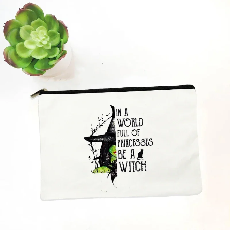 Witch Print Canvas Zipper Makeup Bag Witchcraft Women Travel Lipstick Bag Skincare Storage Organizer Pencil Case Cosmetics Bags